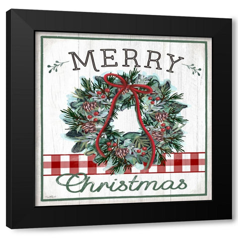 Merry Christmas Wreath Black Modern Wood Framed Art Print with Double Matting by Tyndall, Elizabeth