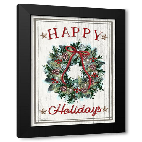 Holly Holidays Wreath Black Modern Wood Framed Art Print with Double Matting by Tyndall, Elizabeth