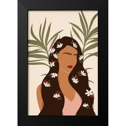 Flowers in Hair Black Modern Wood Framed Art Print by JJ Design House