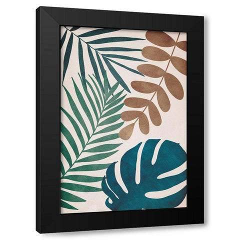 Tropical Leaves Black Modern Wood Framed Art Print by JJ Design