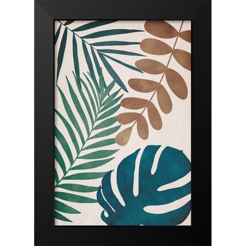 Tropical Leaves Black Modern Wood Framed Art Print by JJ Design