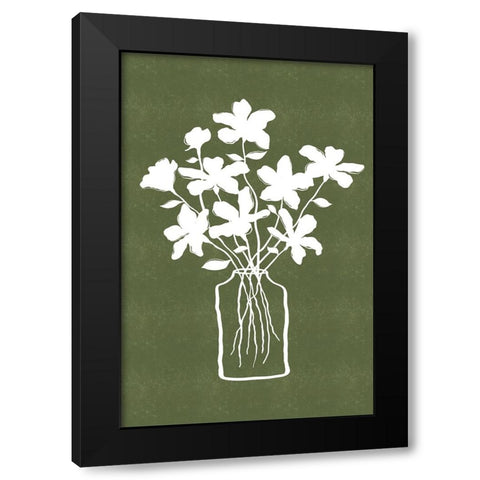 White Flowers on Green Black Modern Wood Framed Art Print with Double Matting by JJ Design