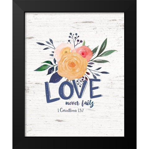 Love Never Fails Black Modern Wood Framed Art Print by Moulton, Jo