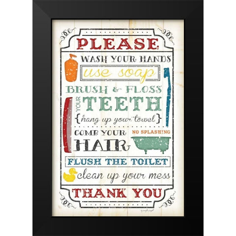 Bathroom Rules Black Modern Wood Framed Art Print by Pugh, Jennifer