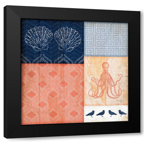 Coral and Navy Coastal III Black Modern Wood Framed Art Print with Double Matting by Pugh, Jennifer