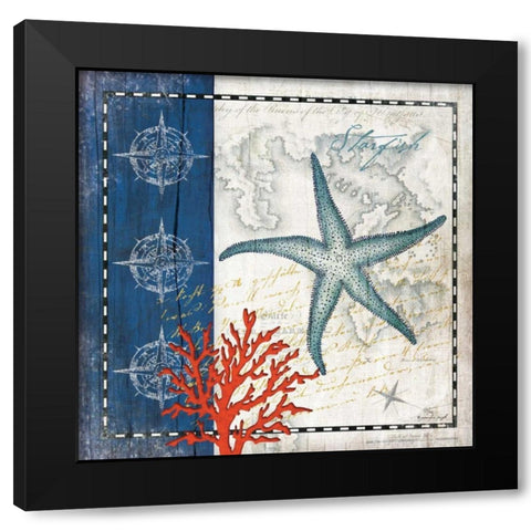 Coastal Blue Starfish Black Modern Wood Framed Art Print with Double Matting by Pugh, Jennifer