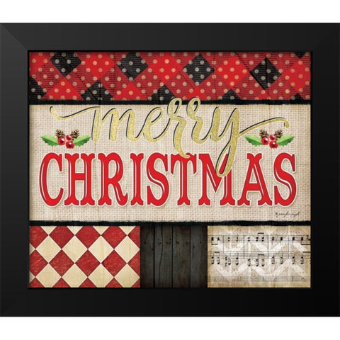 Merry Christmas Plaid Black Modern Wood Framed Art Print by Pugh, Jennifer