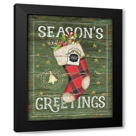 Seasons Greetings Stocking Black Modern Wood Framed Art Print by Pugh, Jennifer