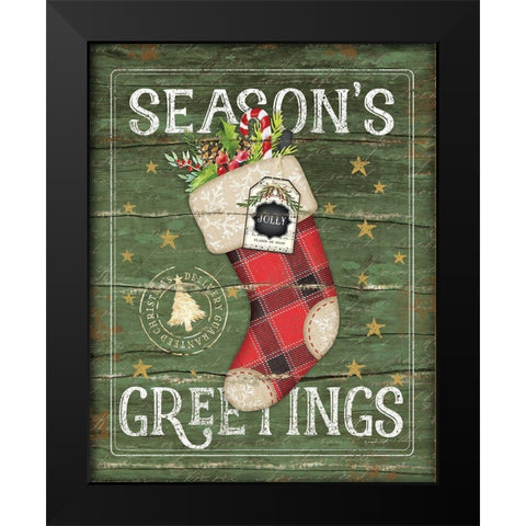 Seasons Greetings Stocking Black Modern Wood Framed Art Print by Pugh, Jennifer