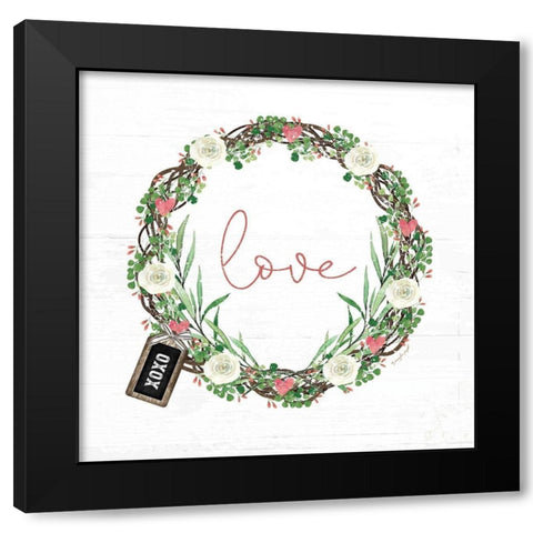 Pink Love Wreath Black Modern Wood Framed Art Print by Pugh, Jennifer