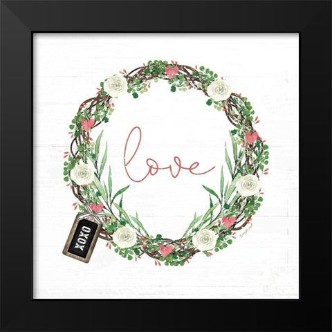 Pink Love Wreath Black Modern Wood Framed Art Print by Pugh, Jennifer