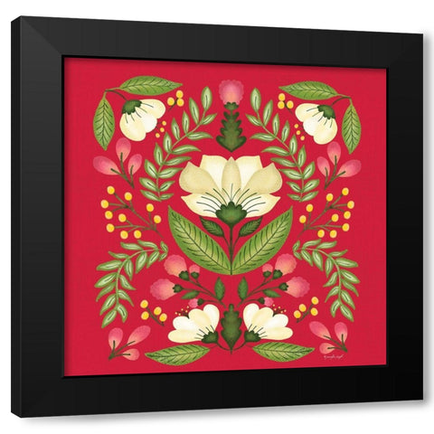 Folk Floral in Red Black Modern Wood Framed Art Print with Double Matting by Pugh, Jennifer