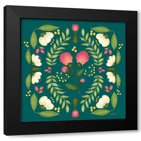 Folk Floral in Teal Black Modern Wood Framed Art Print with Double Matting by Pugh, Jennifer