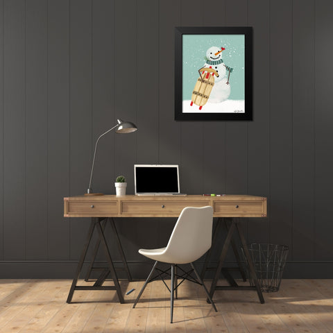 Snowman and Sled Black Modern Wood Framed Art Print by Doucette, Katie