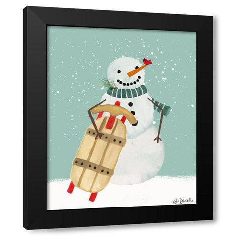 Snowman and Sled Black Modern Wood Framed Art Print by Doucette, Katie