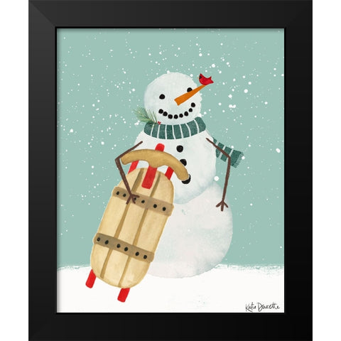 Snowman and Sled Black Modern Wood Framed Art Print by Doucette, Katie