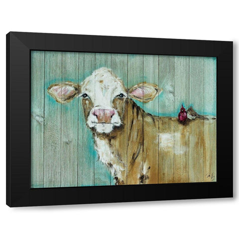 Cow and Bird Pals Black Modern Wood Framed Art Print by Strong, Molly Susan