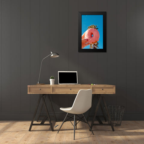 Pink Donut Black Modern Wood Framed Art Print by Singleton, Ashley