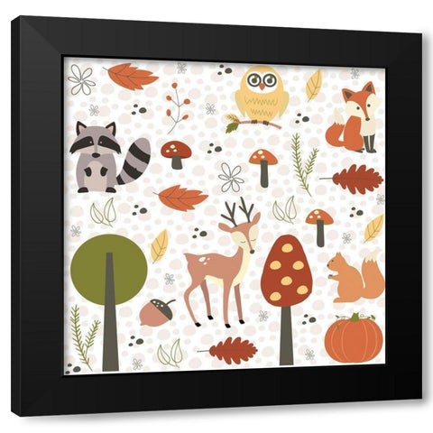 Fall Tree and Animal Pattern Black Modern Wood Framed Art Print by ND Art and Design