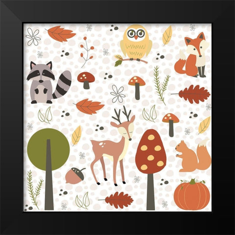 Fall Tree and Animal Pattern Black Modern Wood Framed Art Print by ND Art and Design