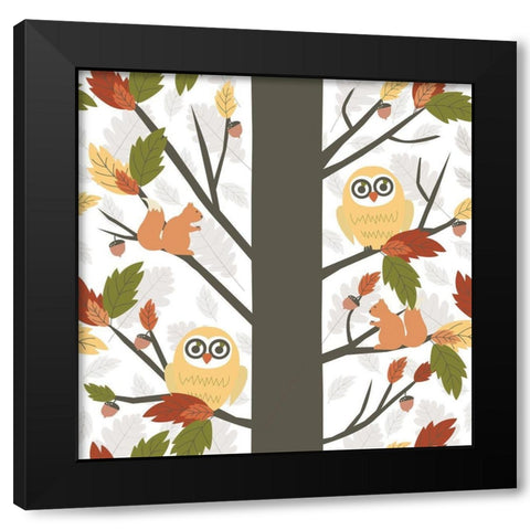 Fall Owls in a Tree Black Modern Wood Framed Art Print by ND Art and Design