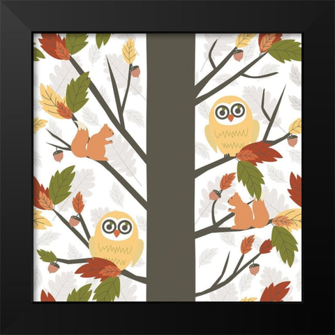Fall Owls in a Tree Black Modern Wood Framed Art Print by ND Art and Design