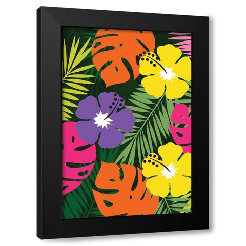 Tropical Floral Black Modern Wood Framed Art Print by ND Art and Design