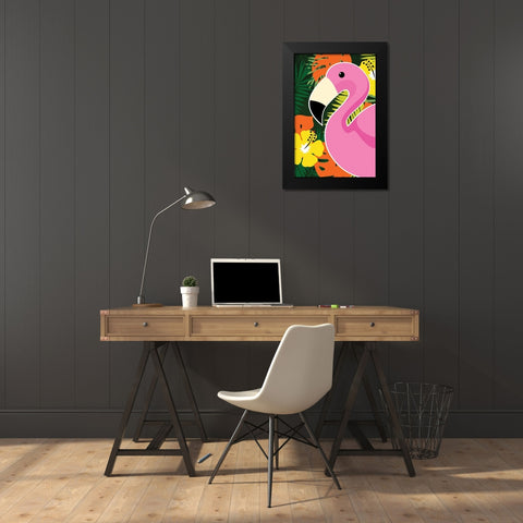 Tropical Flamingo Black Modern Wood Framed Art Print by ND Art and Design