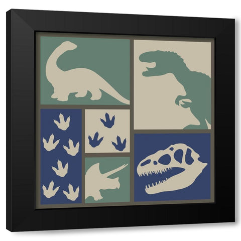 Dino Collage Black Modern Wood Framed Art Print by ND Art and Design