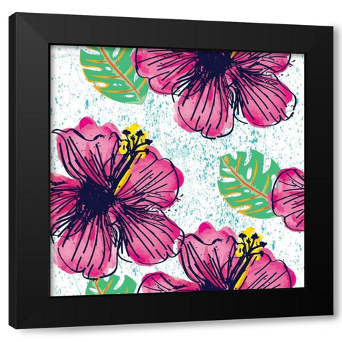 Tropical Floral Pattern Black Modern Wood Framed Art Print by ND Art and Design