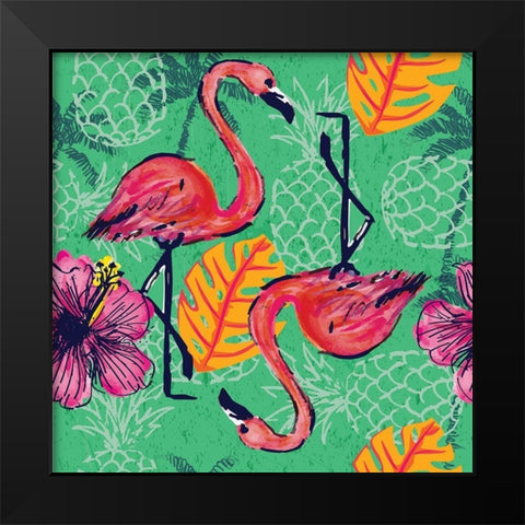 Tropical Flamingo Pattern Black Modern Wood Framed Art Print by ND Art and Design