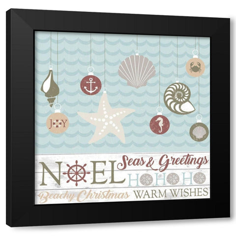 Coastal Christmas Shells Black Modern Wood Framed Art Print by ND Art and Design