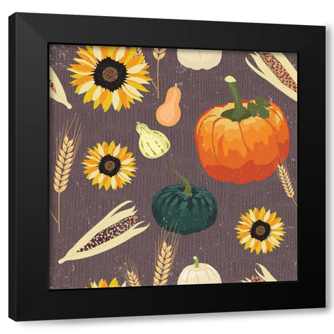 Autumn Harvest Pattern Black Modern Wood Framed Art Print by ND Art and Design