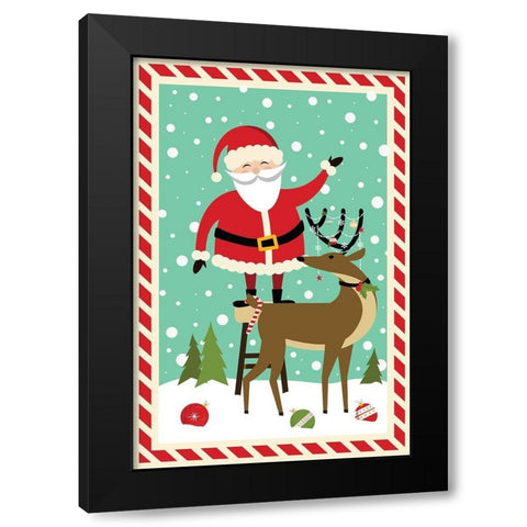 Santa and Reindeer Black Modern Wood Framed Art Print with Double Matting by ND Art