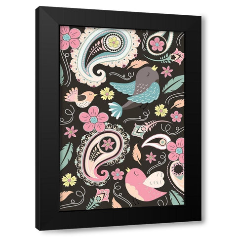 Birds Pattern Black Modern Wood Framed Art Print with Double Matting by ND Art