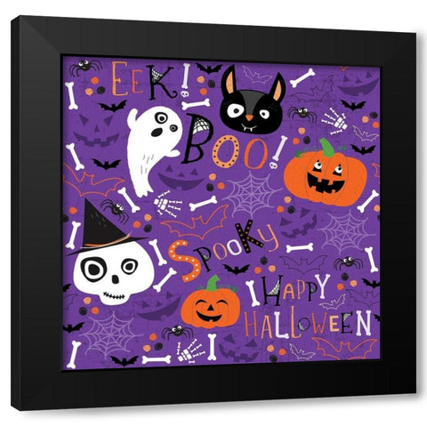 Spooky Buddies Pattern I Black Modern Wood Framed Art Print by ND Art