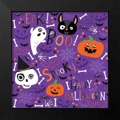 Spooky Buddies Pattern I Black Modern Wood Framed Art Print by ND Art