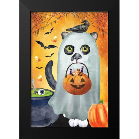 Ghost Cat Black Modern Wood Framed Art Print by ND Art