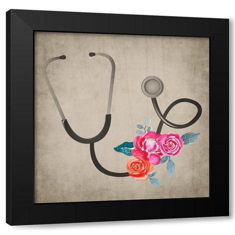 Stethoscope Flowers Black Modern Wood Framed Art Print with Double Matting by ND Art