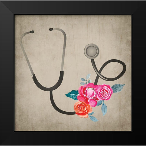 Stethoscope Flowers Black Modern Wood Framed Art Print by ND Art