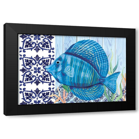 Blue Fish Black Modern Wood Framed Art Print by ND Art