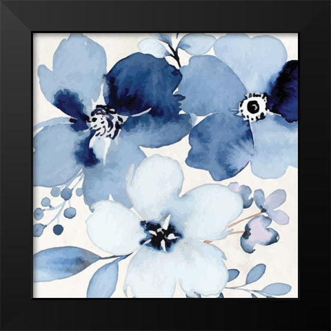 Cobalt Blossoms Black Modern Wood Framed Art Print by ND Art