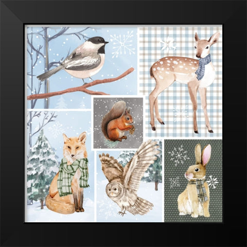 Winter Woodland Animals Black Modern Wood Framed Art Print by ND Art