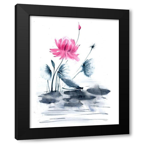 Pink Flower and a Lily Pad Black Modern Wood Framed Art Print with Double Matting by Shefranov, Olga