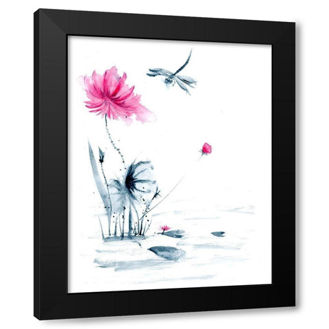 Pink Flower and a Lily Pad II Black Modern Wood Framed Art Print with Double Matting by Shefranov, Olga