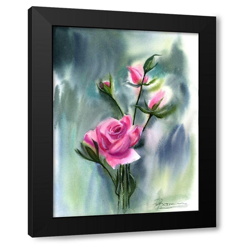 Pink Roses Black Modern Wood Framed Art Print by Shefranov, Olga