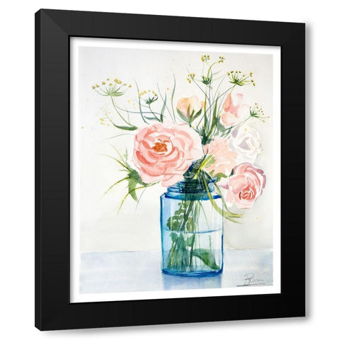 Pink Roses Black Modern Wood Framed Art Print with Double Matting by Shefranov, Olga