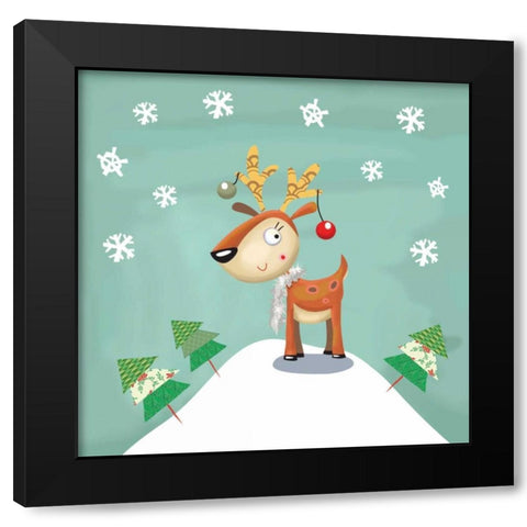 Snowy Reindeer Black Modern Wood Framed Art Print with Double Matting by P.S. Art Studios