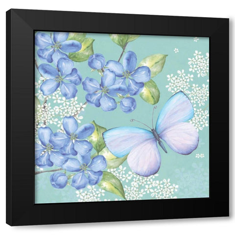 Blue Floral Butterfly Black Modern Wood Framed Art Print with Double Matting by P.S. Art Studios