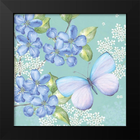 Blue Floral Butterfly Black Modern Wood Framed Art Print by P.S. Art Studios